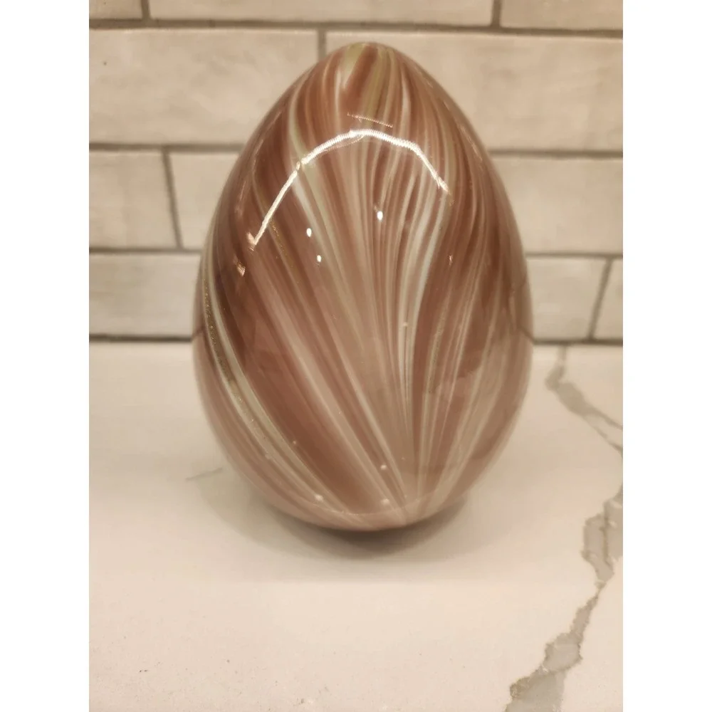 Art Glass Easter Egg Pink & White Swirl With‎ Gold Flakes Hand Blown Decor 7.5